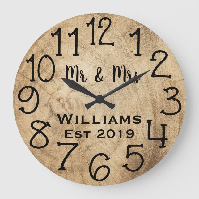 Reloj Redondo Grande Personalizado de Madera Marrón Rústico (Anverso)