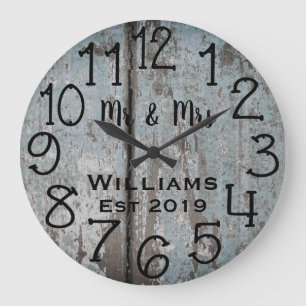 Reloj Redondo Grande Personalizado de madera rústica desteñida en azul 
