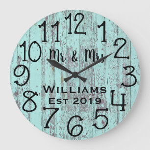 Reloj Redondo Grande Personalizado de madera rústica desteñida en azul 