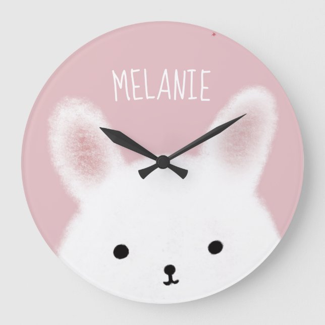 Reloj Redondo Grande Personalizado de pulido conejito rosa (Anverso)