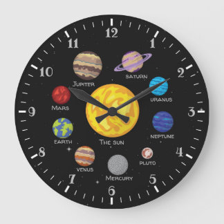 Reloj Redondo Grande Personalizado de sistemas solares dibujando planet
