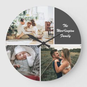 Reloj Redondo Grande Personalizado de tres Collages de fotos