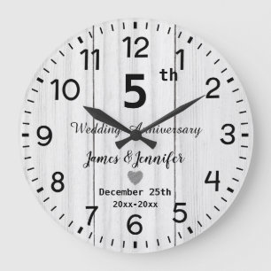 Reloj Redondo Grande Personalizado del 5° Aniversario de la Madera Blan