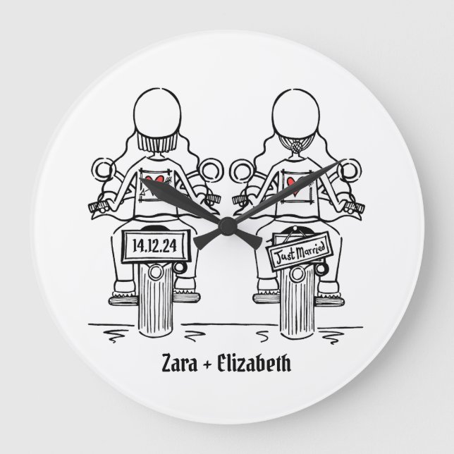 Reloj Redondo Grande Personalizado dos novias Boda en motocicleta (Anverso)