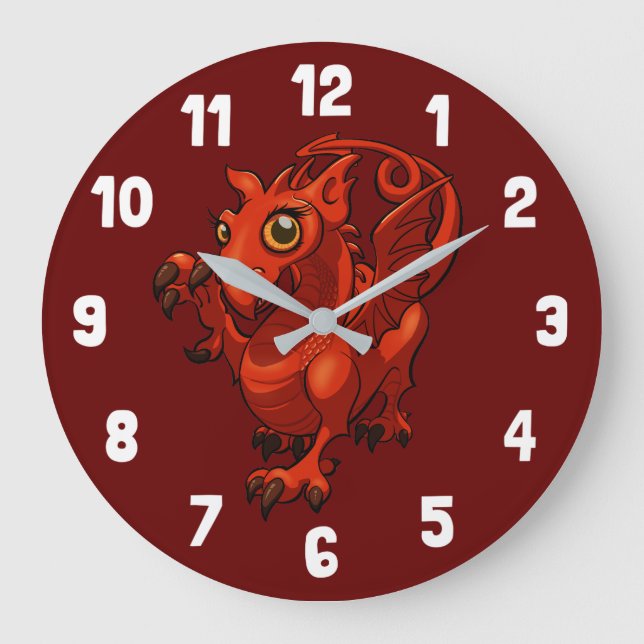 Reloj Redondo Grande Personalizado Dragón Rojo, bebé galés desenfrenado (Anverso)