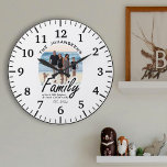 Reloj Redondo Grande Personalizado Foto y guión Nombre de familia Vida<br><div class="desc">Celebra cada momento con nuestro Personalizado Foto y guión Familiar Nombre Vida Cita Amor Gran Reloj! Este elegante reloj grande presenta una sincera frase de tipografía de escritura: "Familia. Donde la vida empieza y el amor nunca termina". Debajo de la cita, personalizarla con el año establecido de tu familia. Encima...</div>