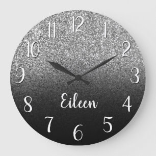 Reloj Redondo Grande Personalizado Glitter Plateado Negro Ombre Femenin