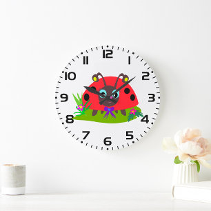 Reloj Redondo Grande Personalizado Ladybug Bow and Flowers