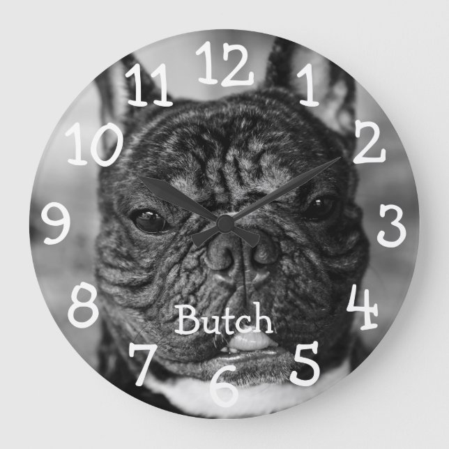 Reloj Redondo Grande Personalizado Mascota blanco y negro Nombre de fot (Anverso)