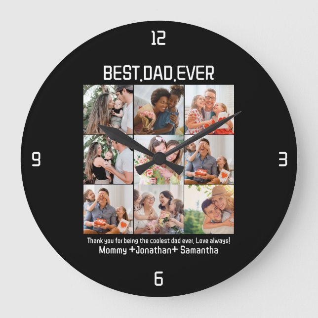 Reloj Redondo Grande Personalizado Mejor Papá Nunca Padres Día 9 Collag (Anverso)