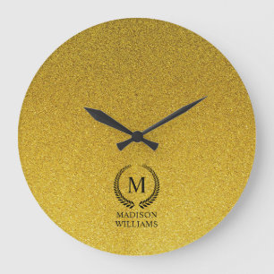 Reloj Redondo Grande Personalizado Monograma Negro y Dorado Brillante D