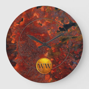 Reloj Redondo Grande Personalizado Monograma Vintage Rust and Gold Stea