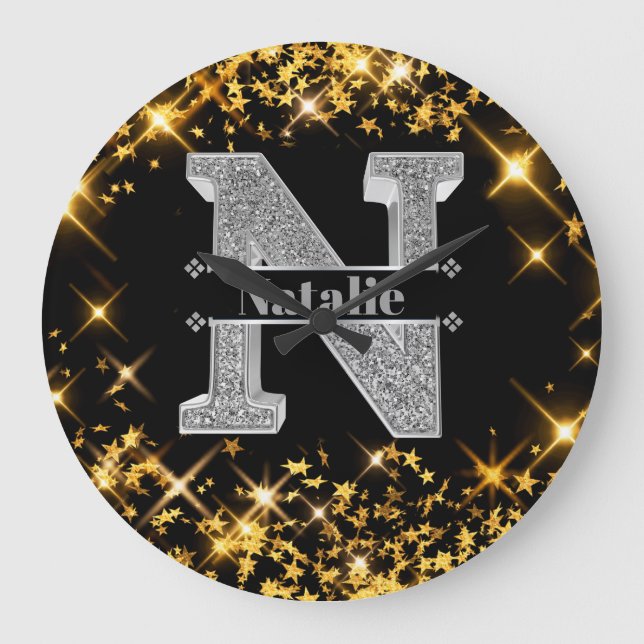 Reloj Redondo Grande Personalizado N Monograma De Plata Inicial Su Nomb (Anverso)