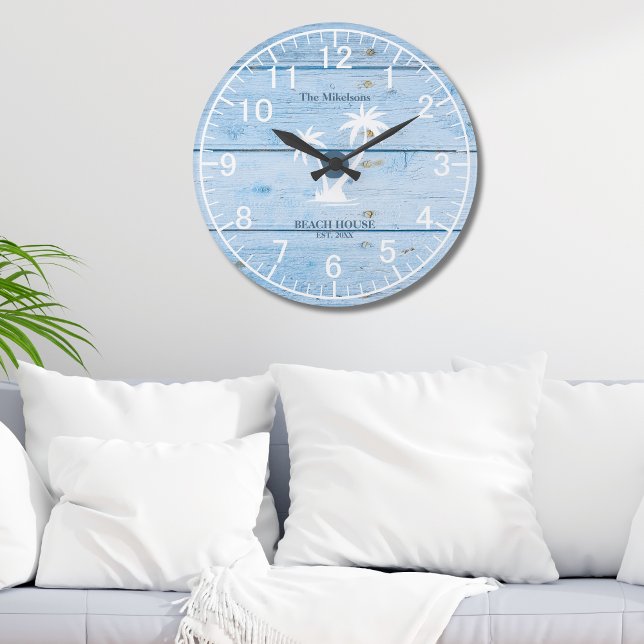 Reloj Redondo Grande Personalizado Nautical Blue Wood Beach House (Subido por el creador)