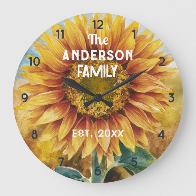 Reloj Redondo Grande Personalizado Nombre Familia Agrícolas De Girasol (Anverso)