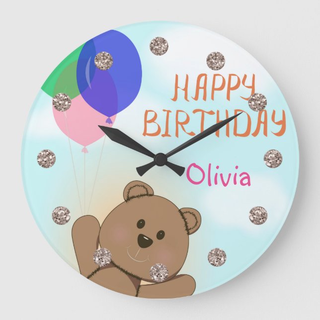 Reloj Redondo Grande Personalizado, personal, cumpleaños, oso Teddy (Anverso)
