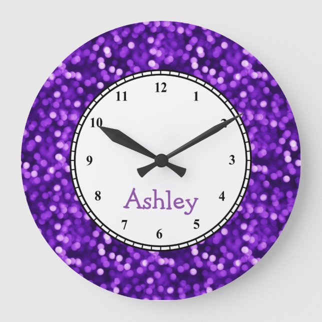 Reloj Redondo Grande Personalizado Round Purple Sparkle (Anverso)