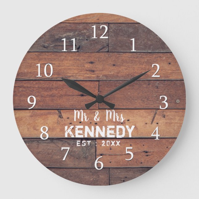 Reloj Redondo Grande Personalizado Rustic Wood Plank Farmhouse Mr. & Mr (Anverso)