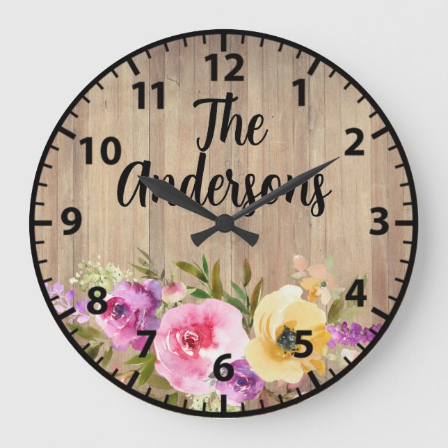 Reloj Redondo Grande Personalizado Rústica Madera rosa Rosas Amarillas  (Anverso)