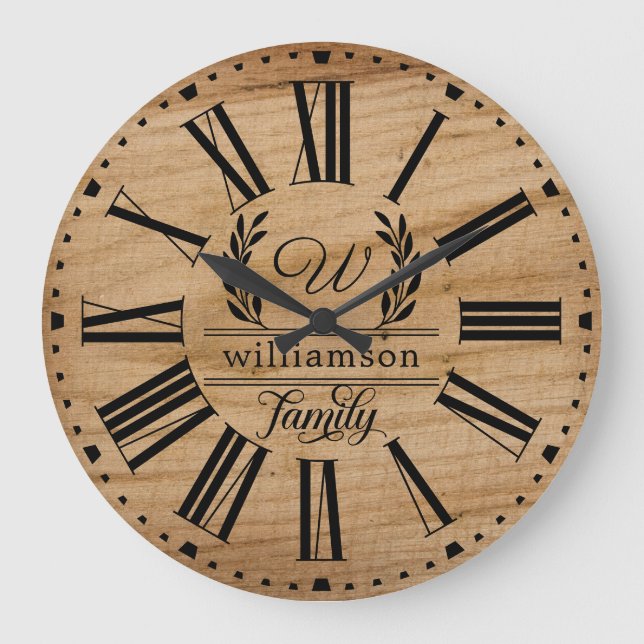 Reloj Redondo Grande Personalizado Rústico de Madera Marrón Nombre Fami (Anverso)