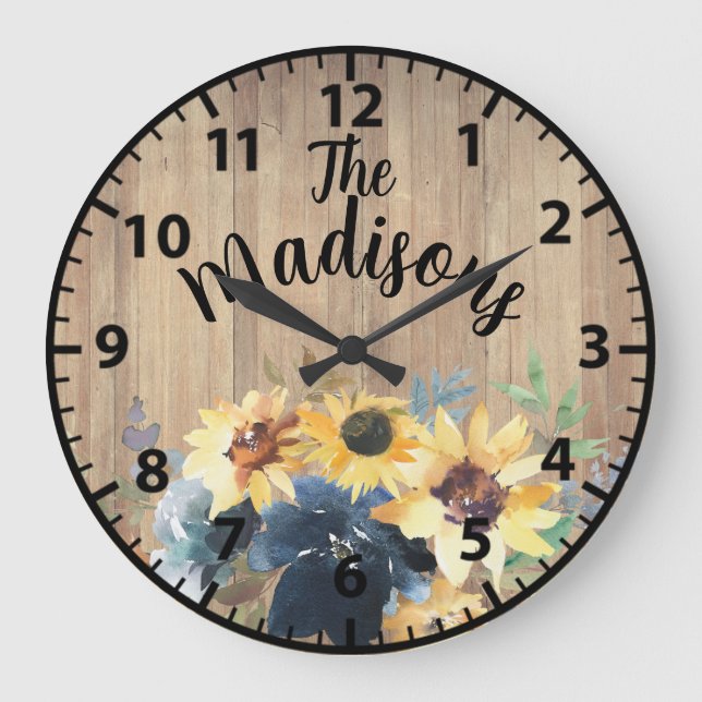 Reloj Redondo Grande Personalizado Rústico Flores De Madera Sunflower G (Anverso)
