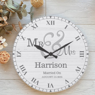 Reloj Redondo Grande Personalizado Sr. y Sra. Gray White Retro Pareja d