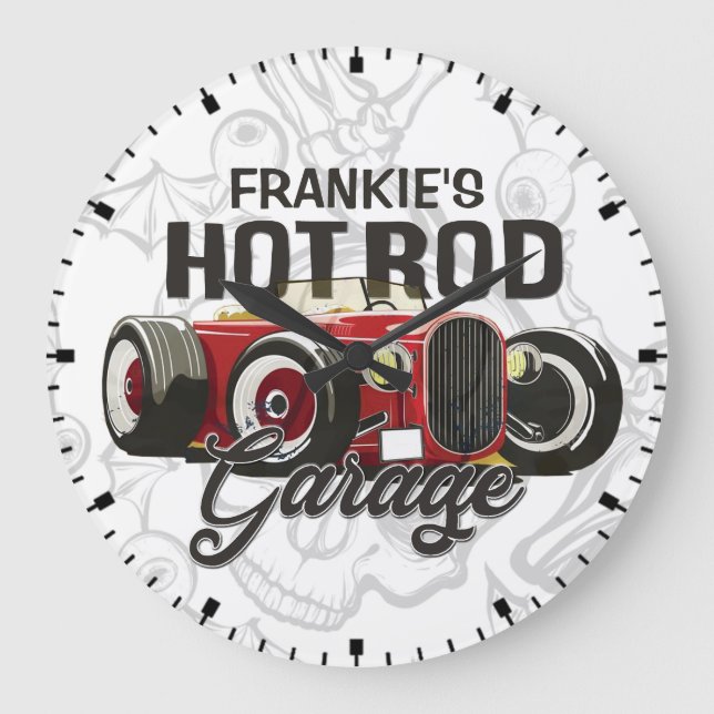 Reloj Redondo Grande Personalizado SU NOMBRE Hot Rod Garage Auto person (Anverso)