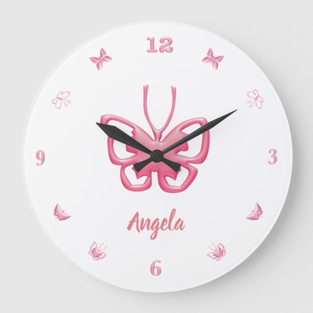 Reloj Redondo Grande Personalizar Nombre Chicas de mariposas rosadas (Anverso)