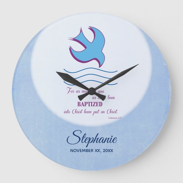 Reloj Redondo Grande Personalize, Adult Baptism Dove on Blue (Anverso)