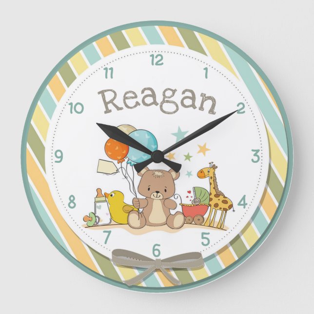 Reloj Redondo Grande Personalized Baby Teddy Bear Giraffe Rubber Ducky (Anverso)