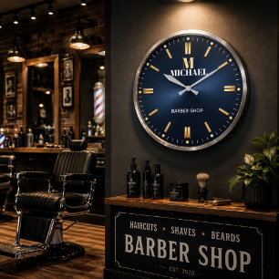 Reloj Redondo Grande Personalized Barber Shop Blue Gold Modern Salon