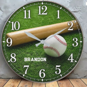 Reloj Redondo Grande Personalized Baseball Bat and Ball on Green Field