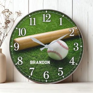Reloj Redondo Grande Personalized Baseball Bat and Ball on Green Field