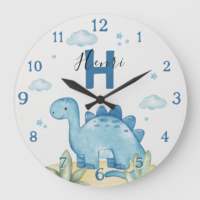Reloj Redondo Grande Personalized Blue Dinosaur Nursery Wall Clock (Anverso)