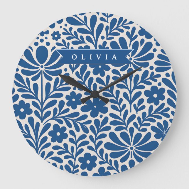 Reloj Redondo Grande Personalized Blue Folk Floral Nordic Custom (Anverso)