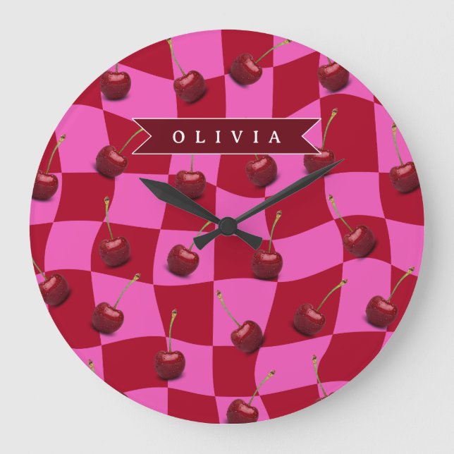 Reloj Redondo Grande Personalized Cherry Gingham Retro Custom Name (Anverso)