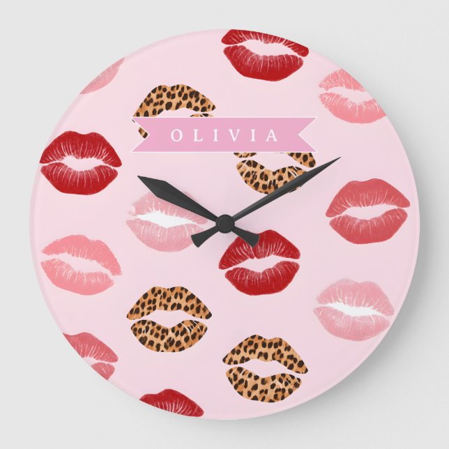 Reloj Redondo Grande Personalized Chic Pink Leopart Print Lip Pattern (Anverso)