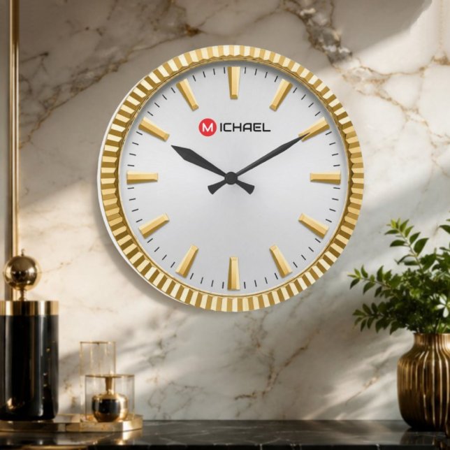 Reloj Redondo Grande Personalized Custom Name & Monogram Silver Gold (Subido por el creador)