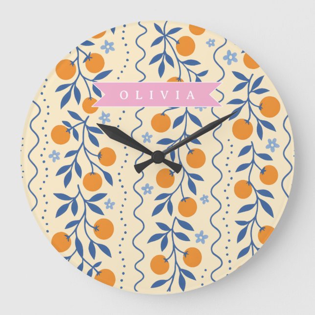 Reloj Redondo Grande Personalized cute retro citrus folk pattern (Anverso)