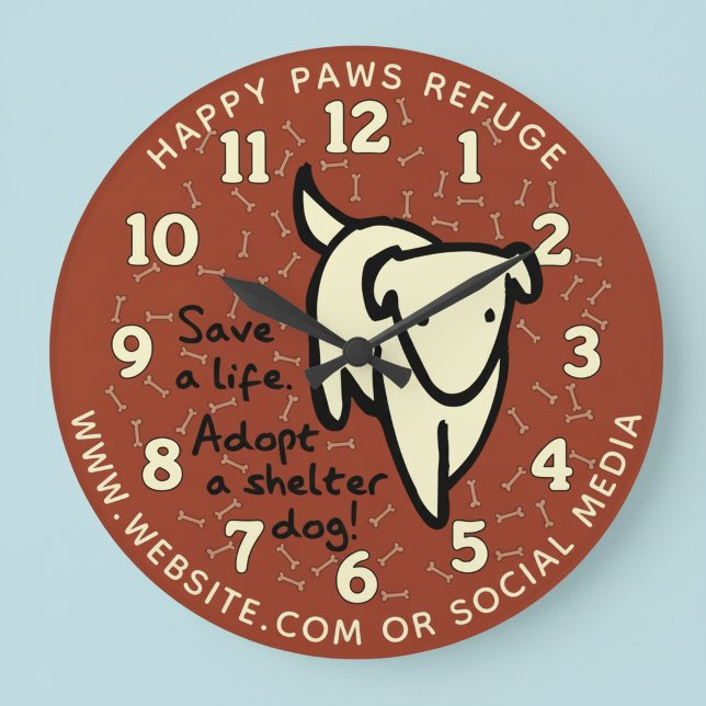 Reloj Redondo Grande Personalized Dog Shelter Wall Clock (Save a life. Adopt a shelter dog! Pet rescue wall clock.)
