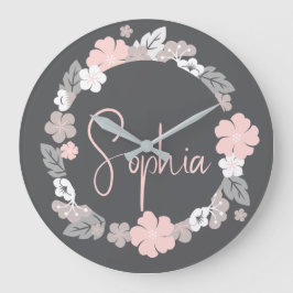 Reloj Redondo Grande Personalized Floral Name Pink
