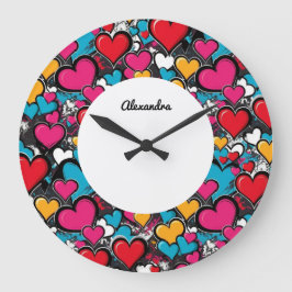 Reloj Redondo Grande Personalized Graffiti Hearts Colorful Wall Clock