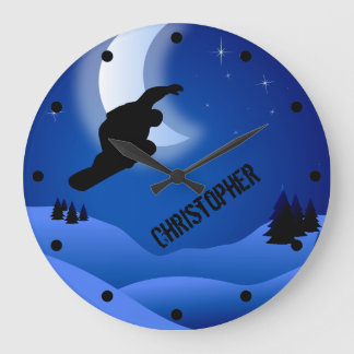 Reloj Redondo Grande Personalized Night Snowboarding Mountain and Moon