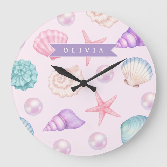 Reloj Redondo Grande Personalized Pastel Seashell Coastal Custom Name (Anverso)