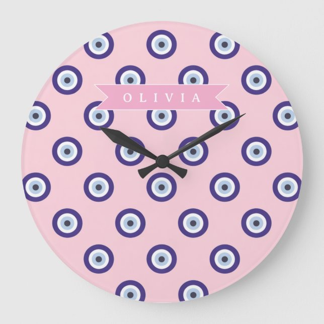 Reloj Redondo Grande Personalized Pink Evil Eye Pattern Gifts With Name (Anverso)