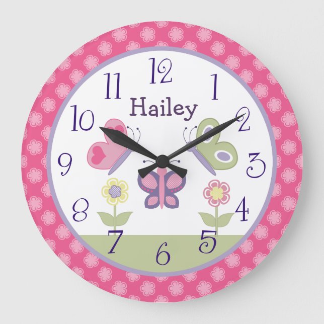 Reloj Redondo Grande Personalized Pink & Purple Butterfly Nursery Clock (Anverso)