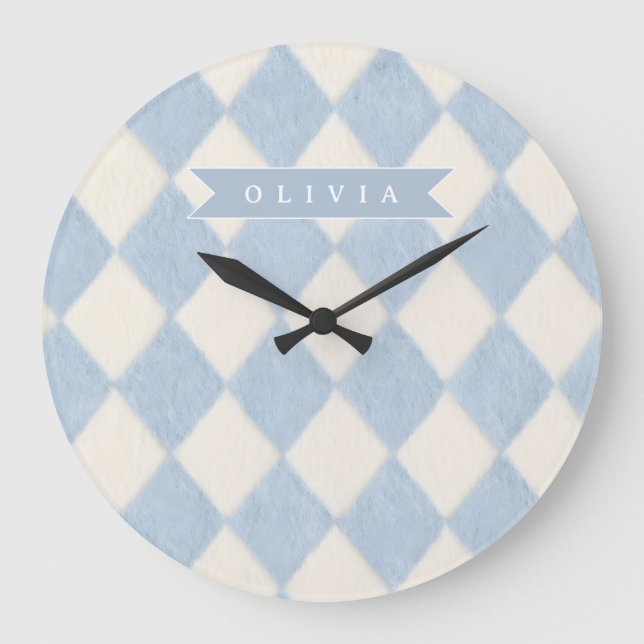 Reloj Redondo Grande Personalized Preppy Soft Blue Fuzzy Argyle Name (Anverso)