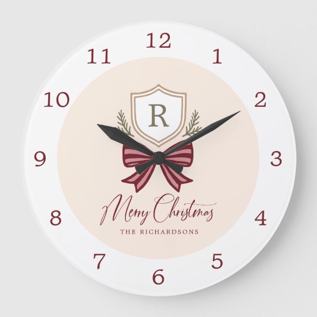 Reloj Redondo Grande Personalized Rustic Monogram Crest Bow Christmas  (Anverso)