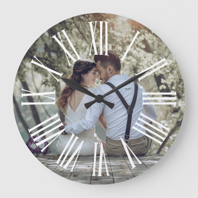 Reloj Redondo Grande Personalized Rustic Wedding Couple Photo  (Anverso)