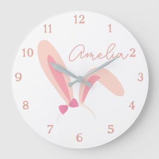 Reloj Redondo Grande Personalized White Bunny Nursery Wall Clock Pastel